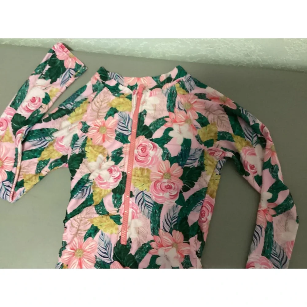 Tame the Sun Swimsuit Kids 7 Pink‎ Floral Long Sleeve Ruffles Tropical
